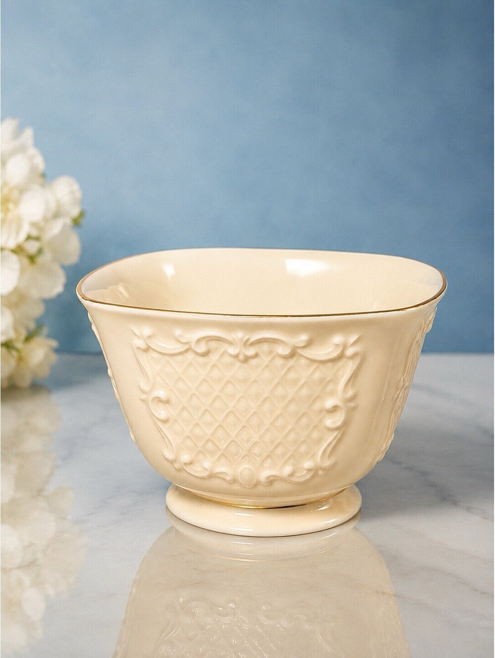 Lenox 1970s Footed Candy Nut Bowl Canterbury Ivory Gold Rim, 4.5x3"